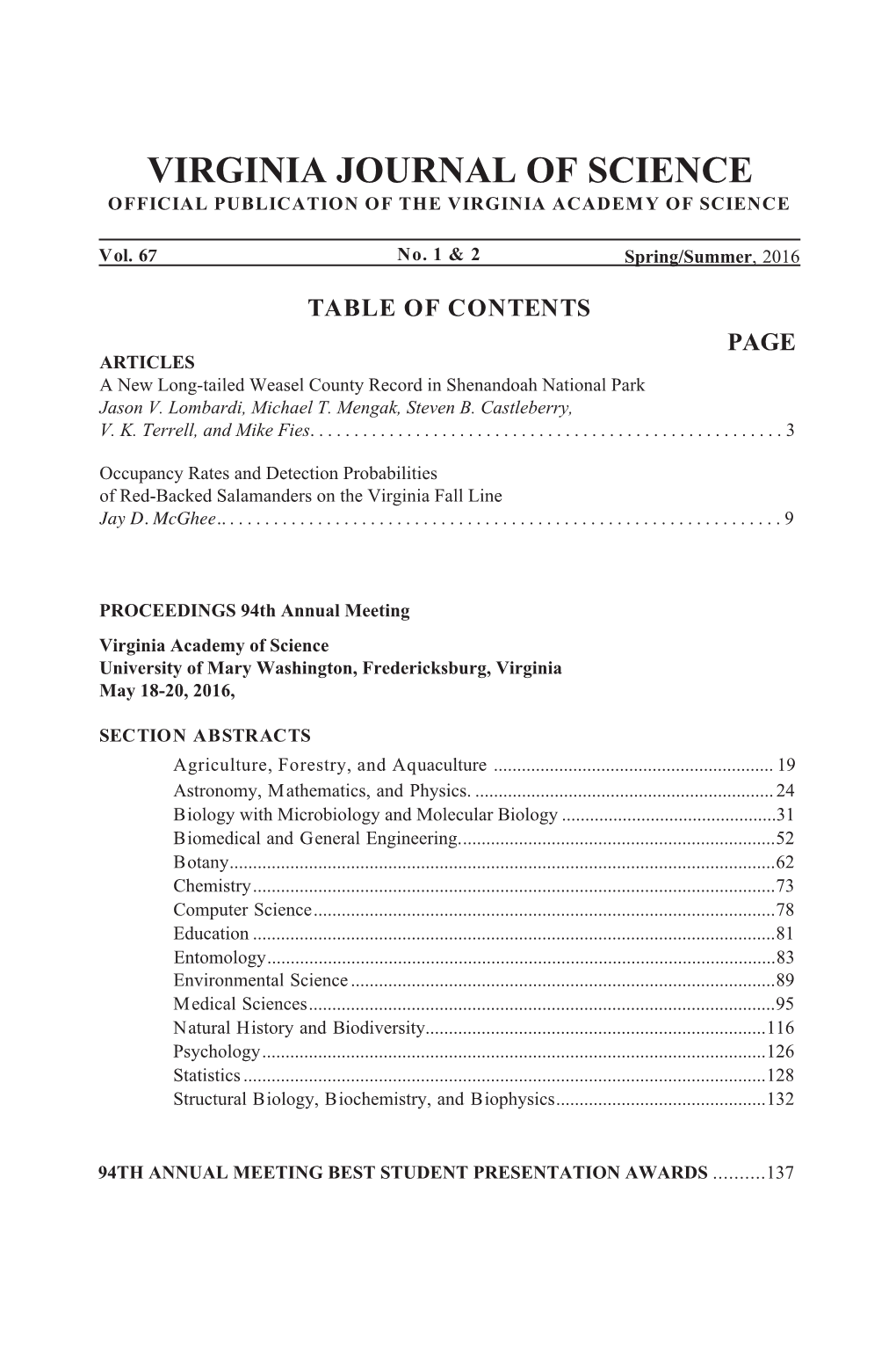 Virginia Journal of Science Official Publication of the Virginia Academy of Science