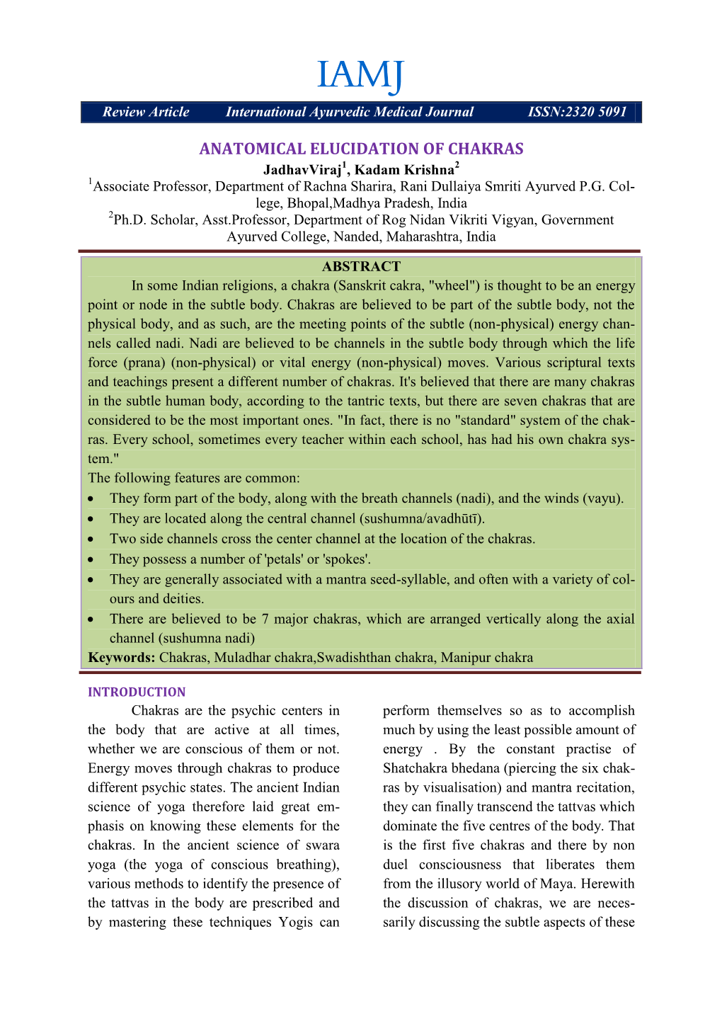 Jadhavviraj & Kadam Krishna: Anatomical Elucidation of Chakras