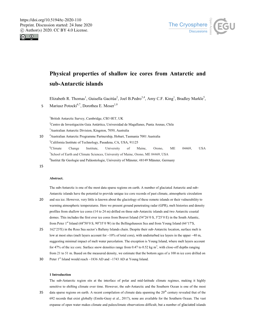 Physical Properties of Shallow Ice Cores from Antarctic and Sub-Antarctic Islands