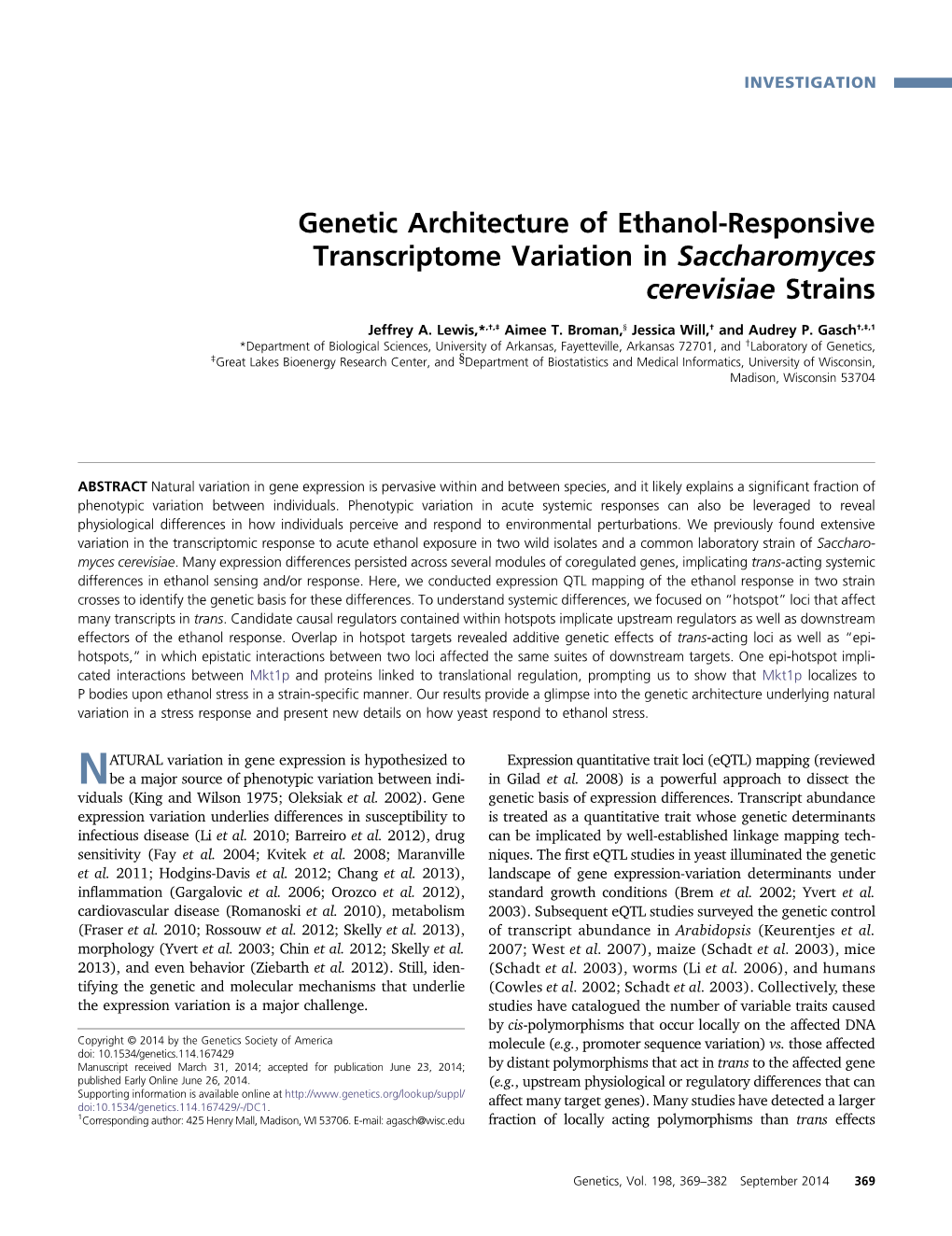 Genetic Architecture of Ethanol-Responsive Transcriptome Variation in Saccharomyces Cerevisiae Strains