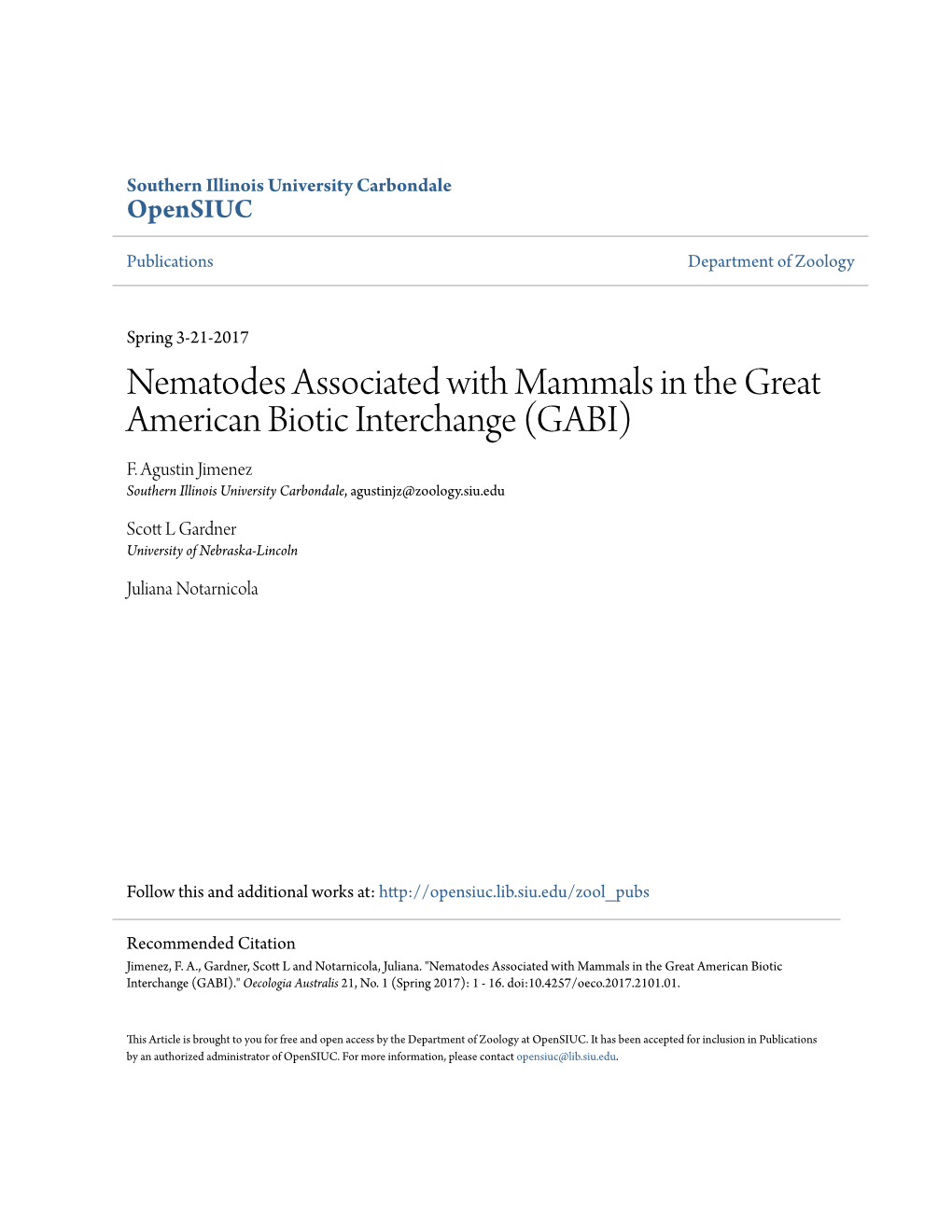 Nematodes Associated with Mammals in the Great American Biotic Interchange (GABI) F