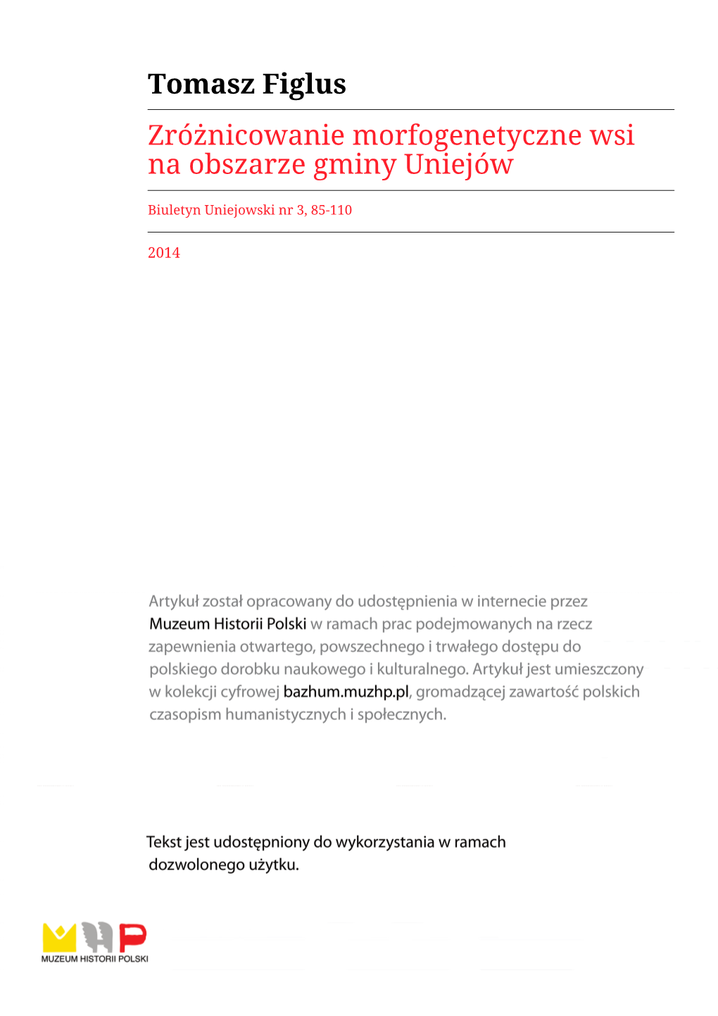 Zróżnicowanie Morfogenetyczne Wsi Na Obszarze Gminy Uniejów