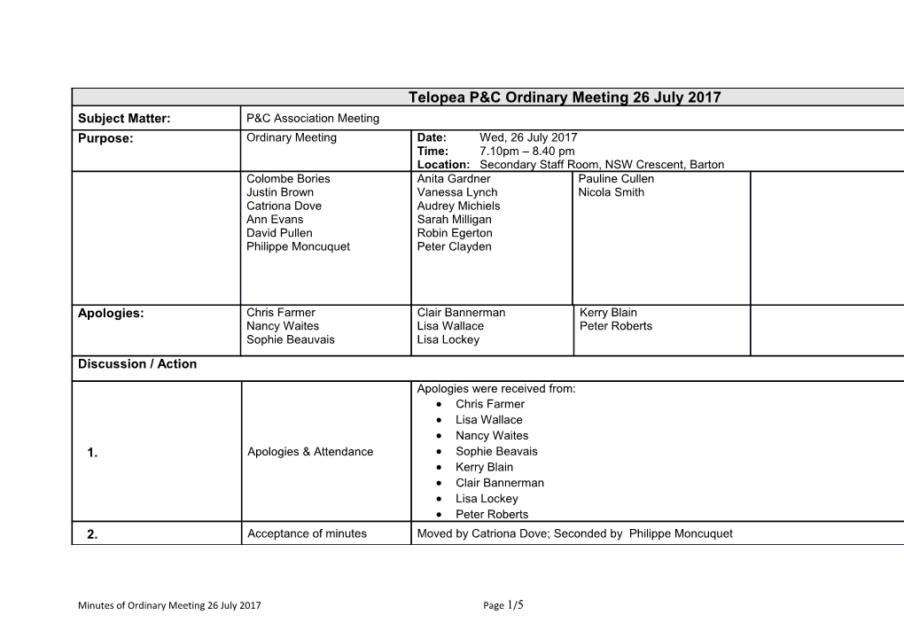 Minutes of Ordinary Meeting 26 July 2017