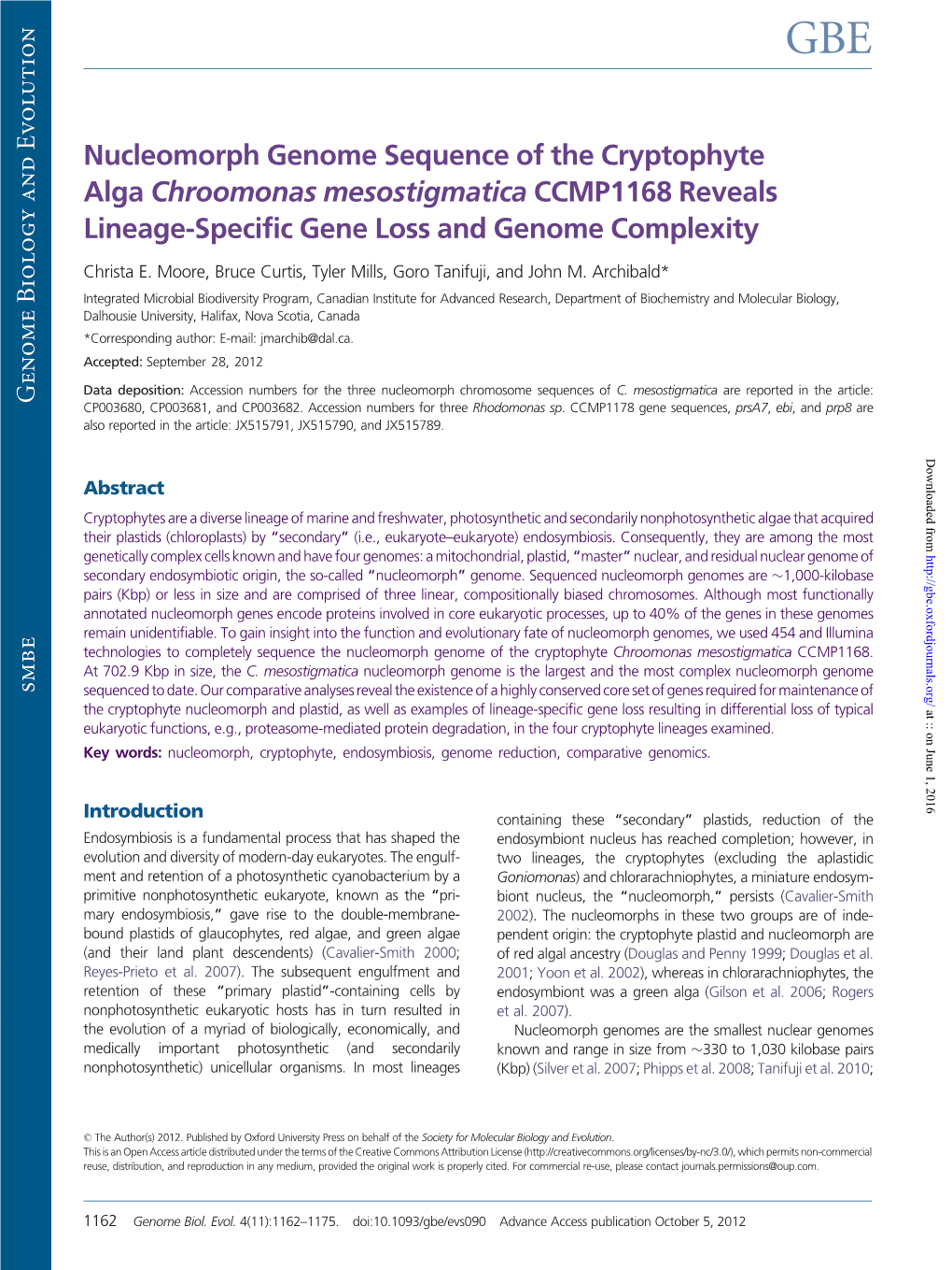 Nucleomorph Genome Sequence of the Cryptophyte Alga Chroomonas Mesostigmatica CCMP1168 Reveals Lineage-Specific Gene Loss and Genome Complexity