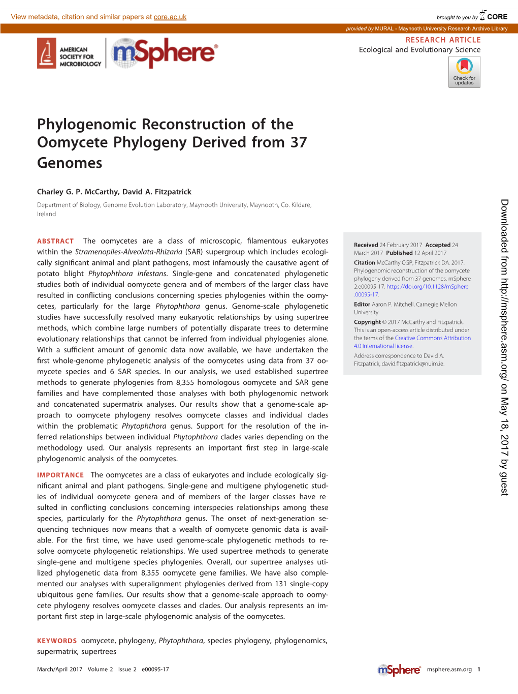 Phylogenomic Reconstruction of the Oomycete Phylogeny Derived from 37 Genomes