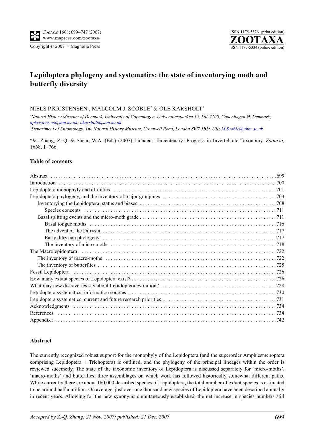 Zootaxa,Lepidoptera Phylogeny and Systematics