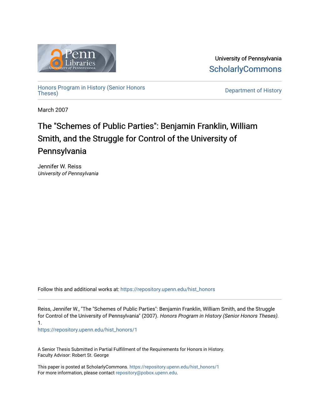 Benjamin Franklin, William Smith, and the Struggle for Control of the University of Pennsylvania