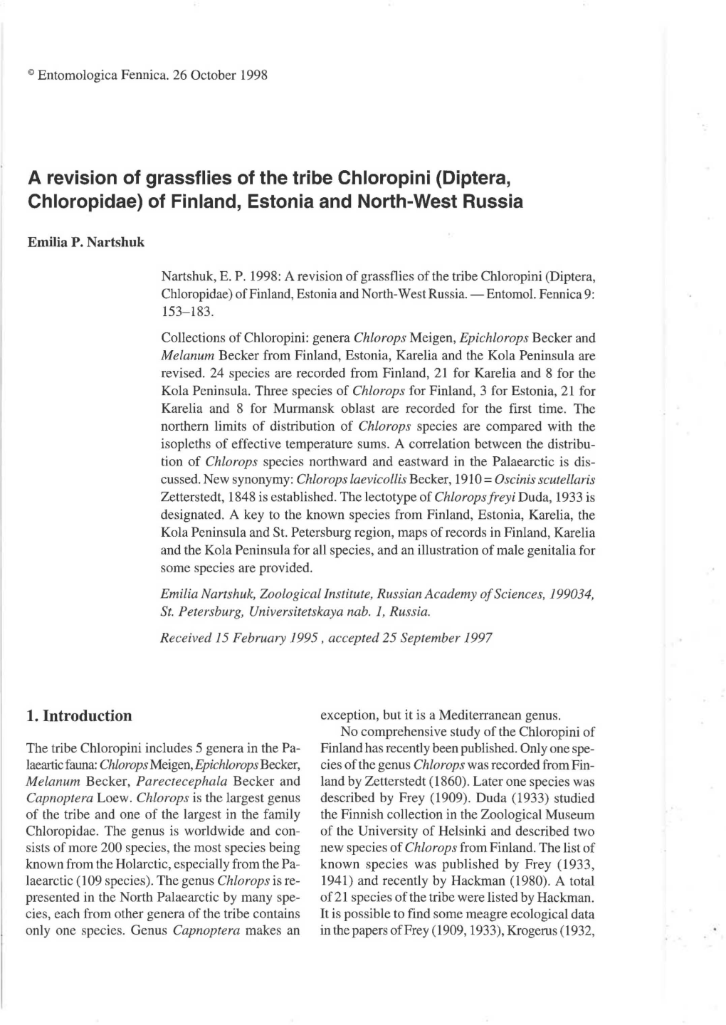A Revision of Grassflies of the Tribe Chloropini (Diptera, Chloropidae) of Finland, Estonia and North-West Russia