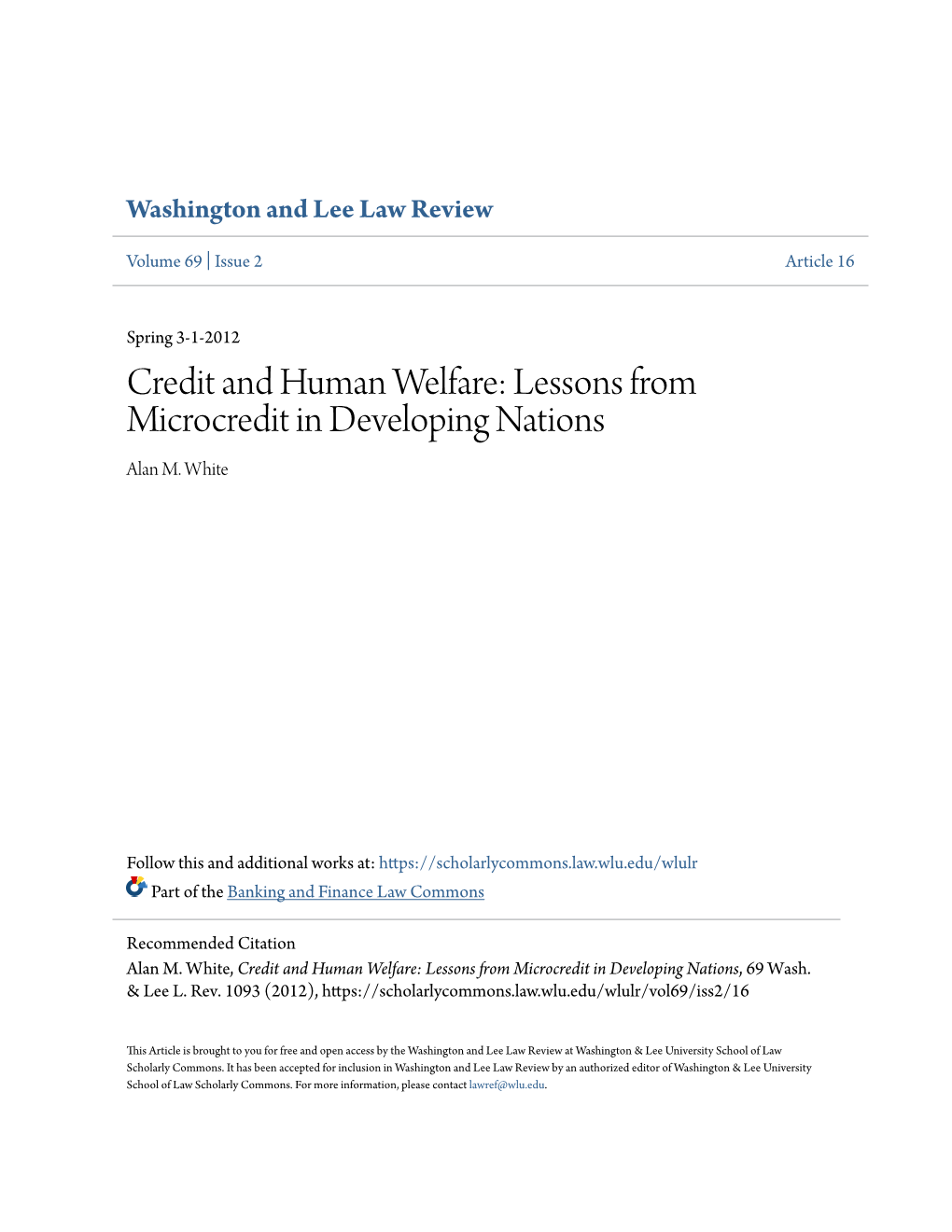 Credit and Human Welfare: Lessons from Microcredit in Developing Nations Alan M