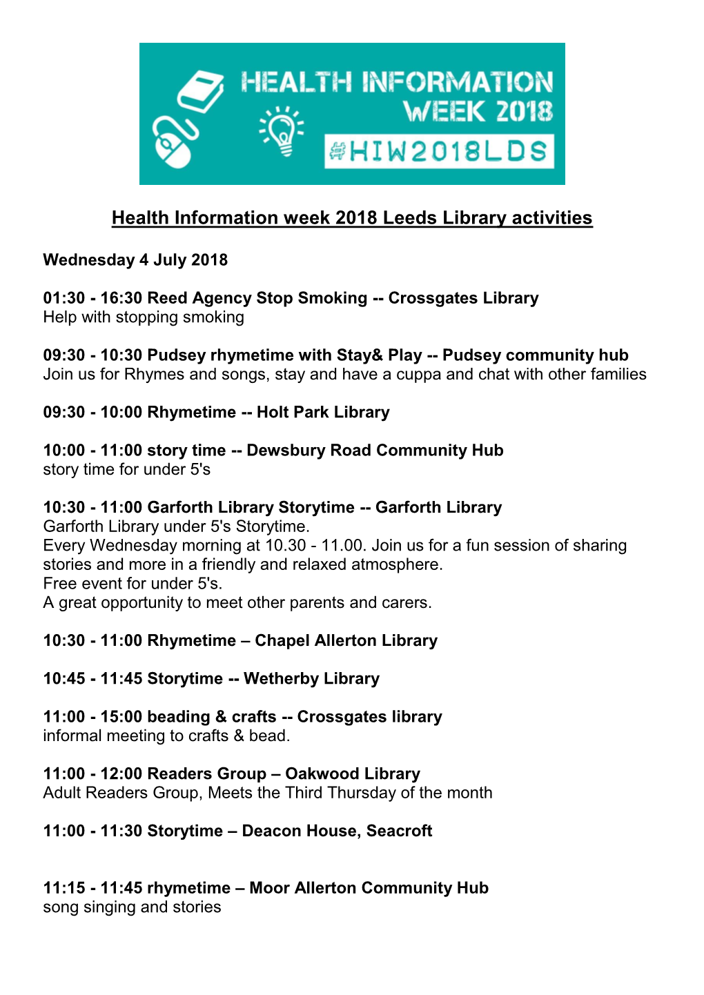 Health Information Week 2018 Leeds Library Activities