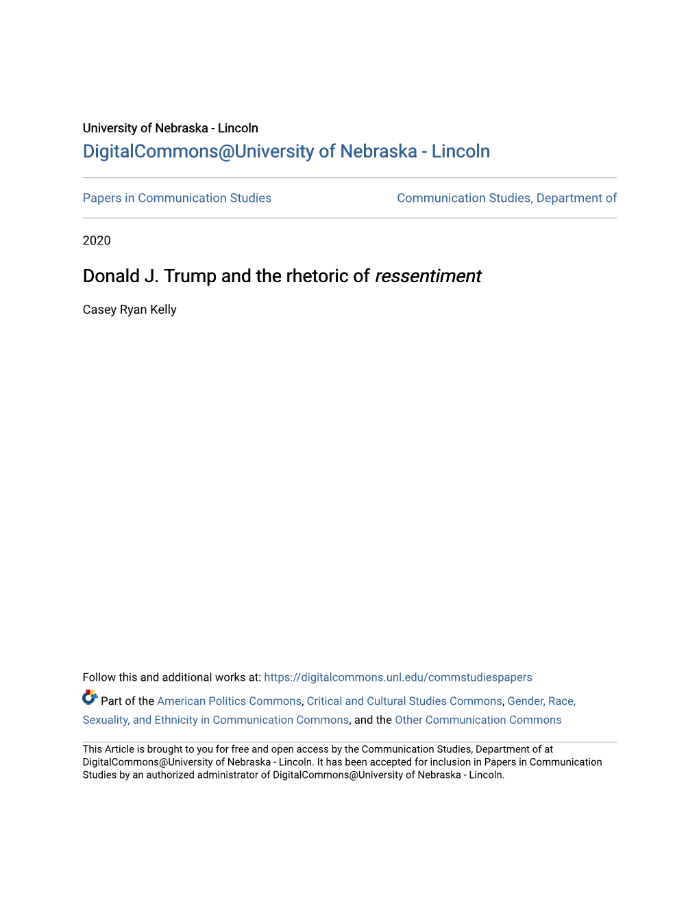 Donald J. Trump and the Rhetoric of <I>Ressentiment</I>