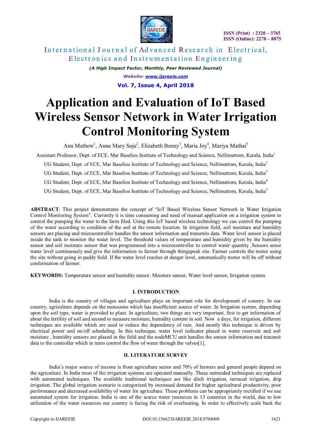 Application and Evaluation of Iot Based Wireless Sensor Network in Water Irrigation Control Monitoring System