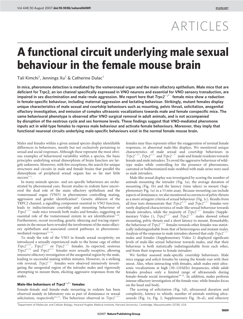 A Functional Circuit Underlying Male Sexual Behaviour in the Female Mouse Brain