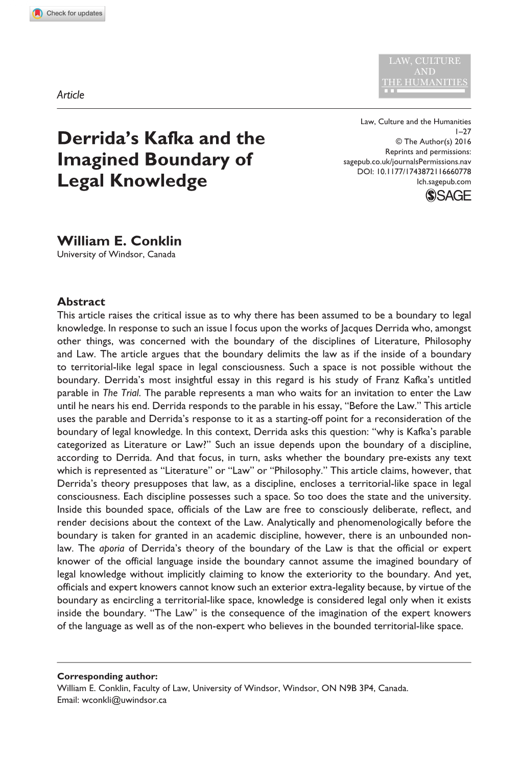 Derrida's Kafka and the Imagined Boundary of Legal Knowledge