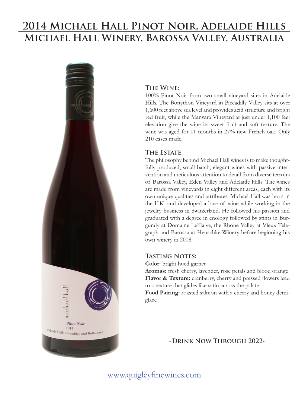 2014 Michael Hall Pinot Noir, Adelaide Hills Michael Hall Winery, Barossa Valley, Australia