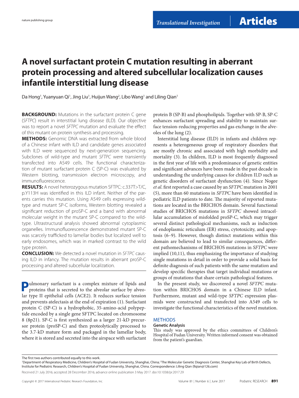 A Novel Surfactant Protein C Mutation Resulting in Aberrant Protein Processing and Altered Subcellular Localization Causes Infantile Interstitial Lung Disease