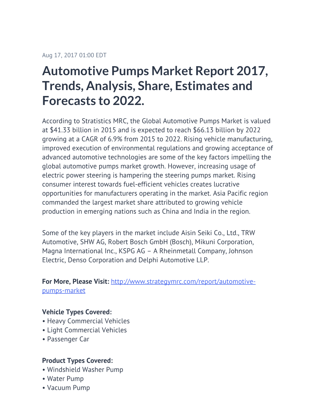 Automotive Pumps Market Report 2017, Trends, Analysis, Share, Estimates and Forecasts to 2022