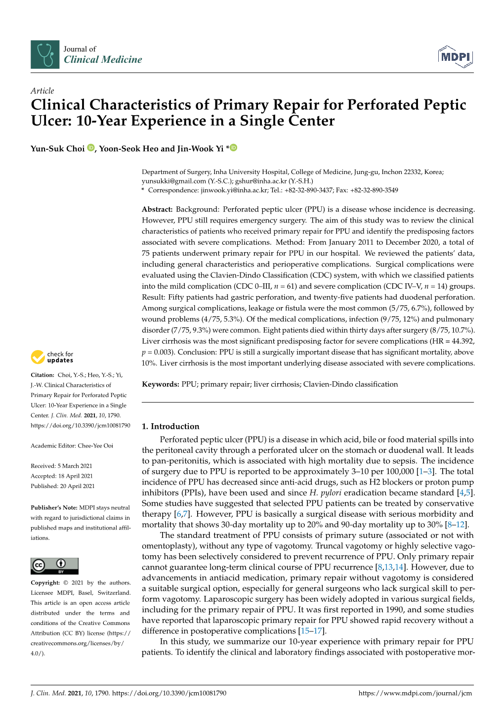 Clinical Characteristics of Primary Repair for Perforated Peptic Ulcer: 10-Year Experience in a Single Center