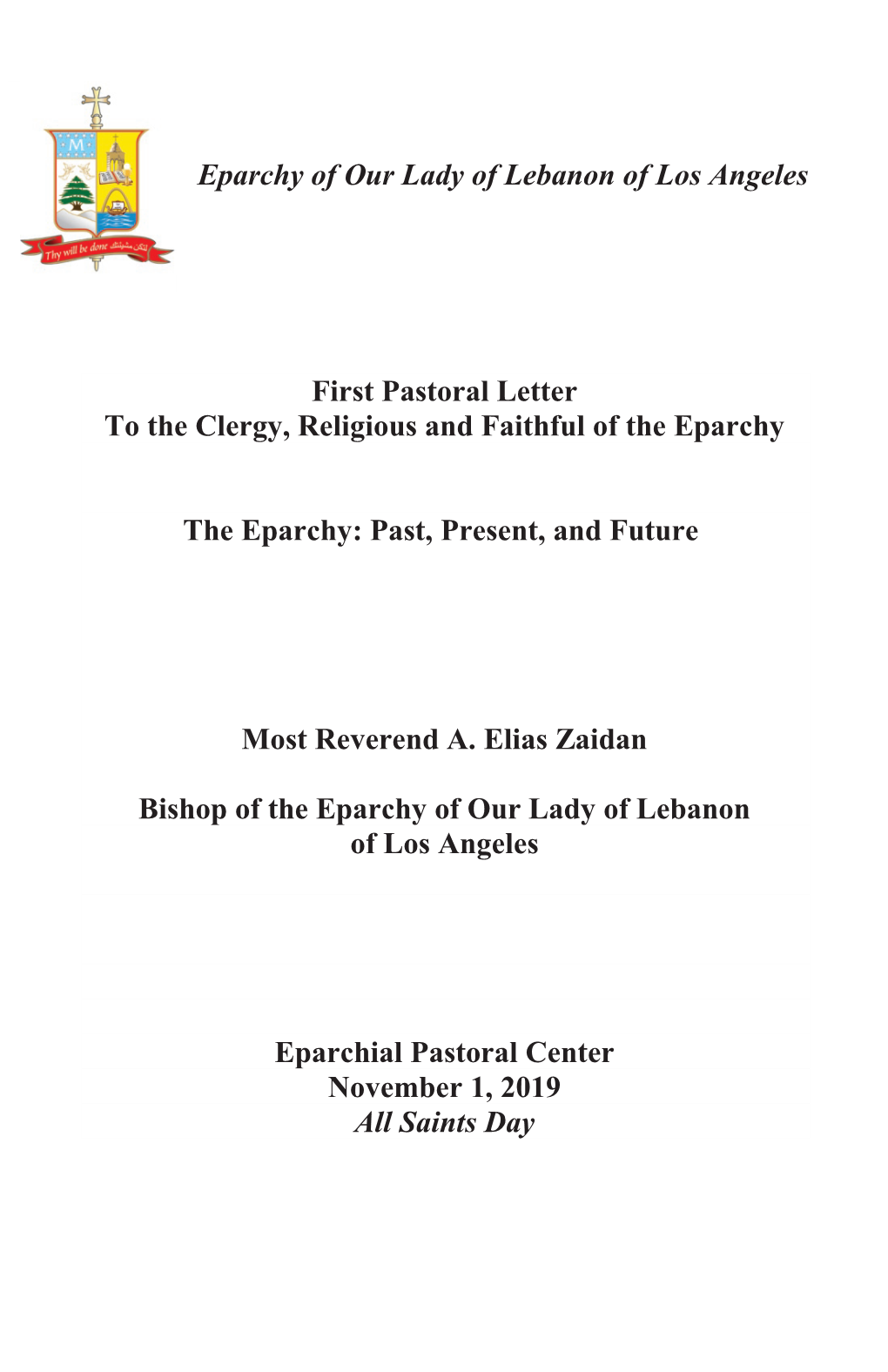 Eparchy of Our Lady of Lebanon of Los Angeles First Pastoral Letter To