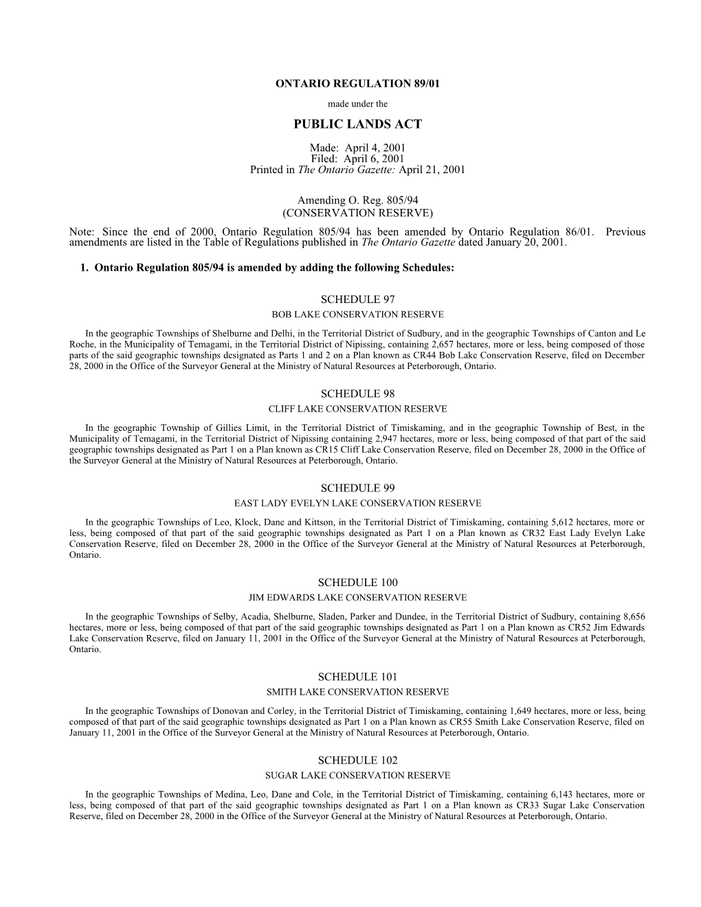 PUBLIC LANDS ACT - O. Reg. 89/01