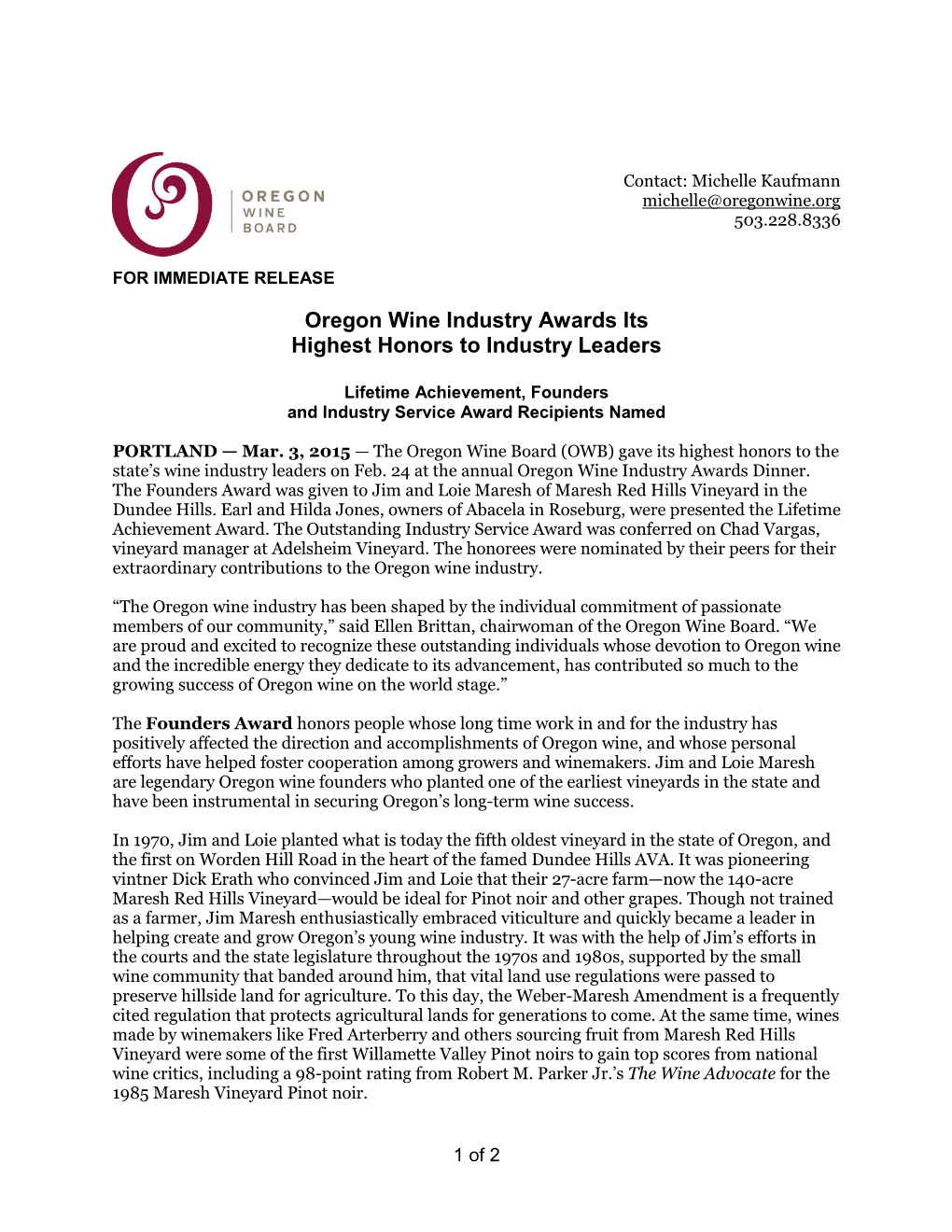 Oregon Wine Industry Awards Its Highest Honors to Industry Leaders