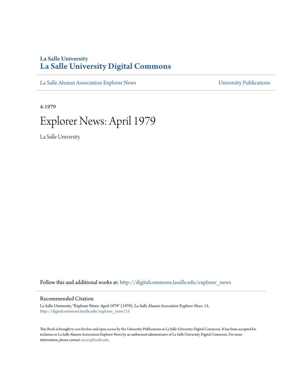 Explorer News: April 1979 La Salle University