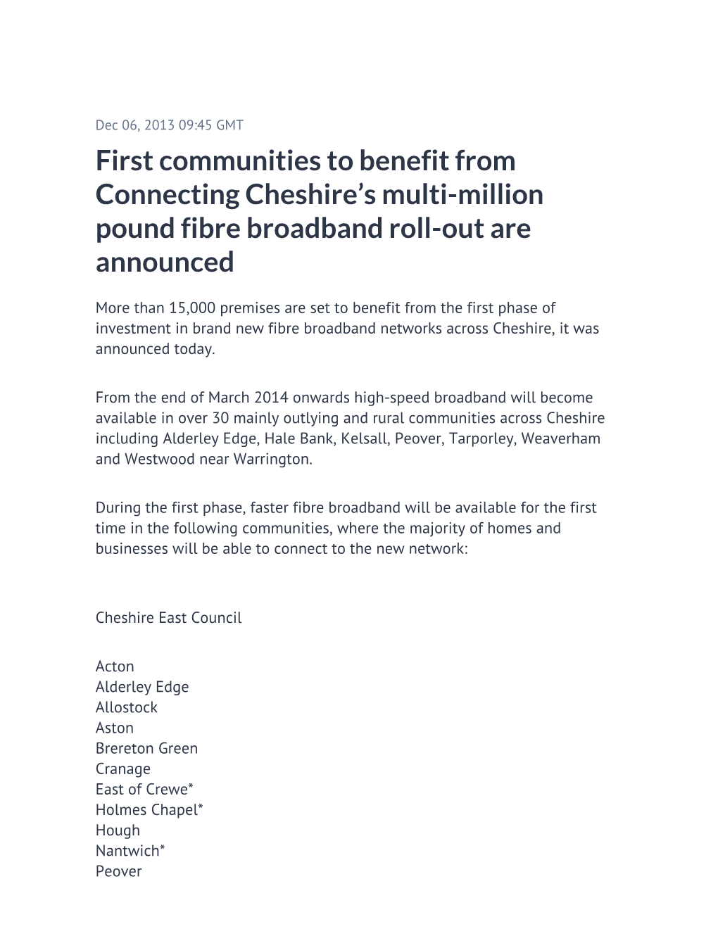 First Communities to Benefit from Connecting Cheshire’S Multi-Million Pound Fibre Broadband Roll-Out Are Announced