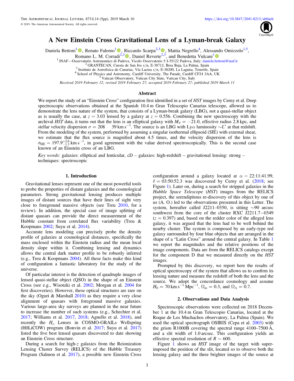 A New Einstein Cross Gravitational Lens of a Lyman-Break Galaxy