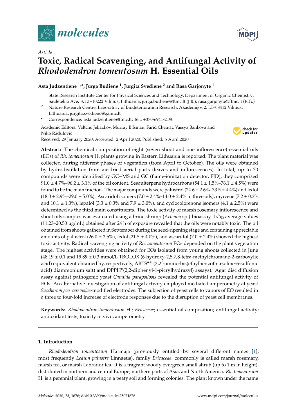 Toxic, Radical Scavenging, and Antifungal Activity of Rhododendron Tomentosum H