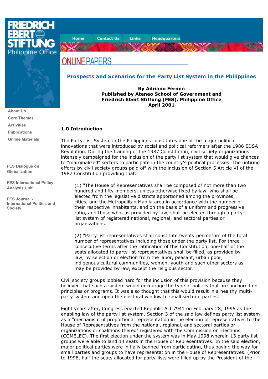 Prospects and Scenarios for the Party List System in the Philippines