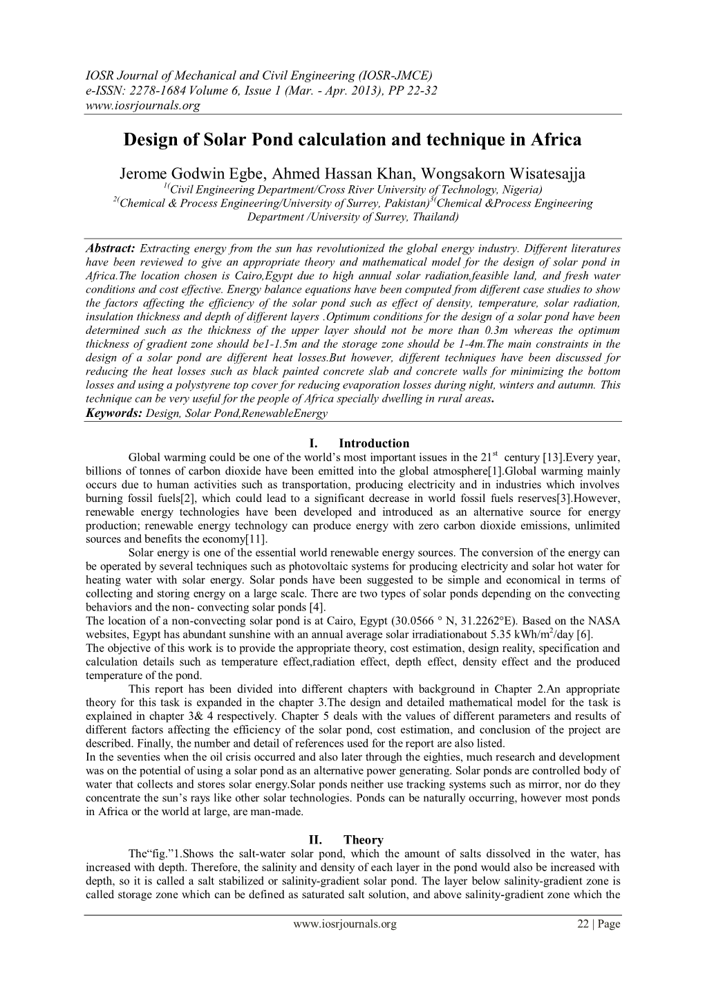 Design of Solar Pond Calculation and Technique in Africa