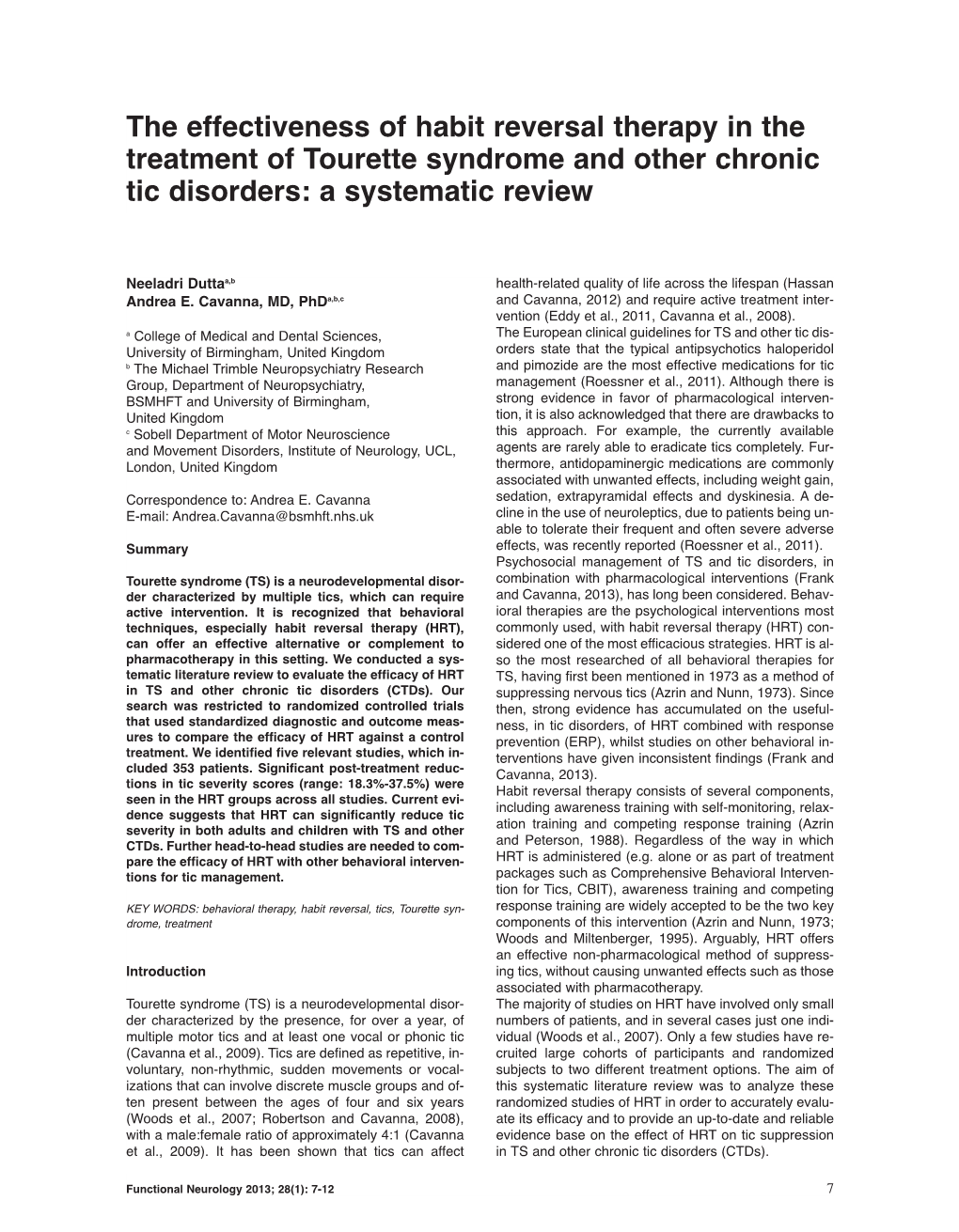 The Effectiveness of Habit Reversal Therapy in the Treatment of Tourette Syndrome and Other Chronic Tic Disorders: a Systematic Review