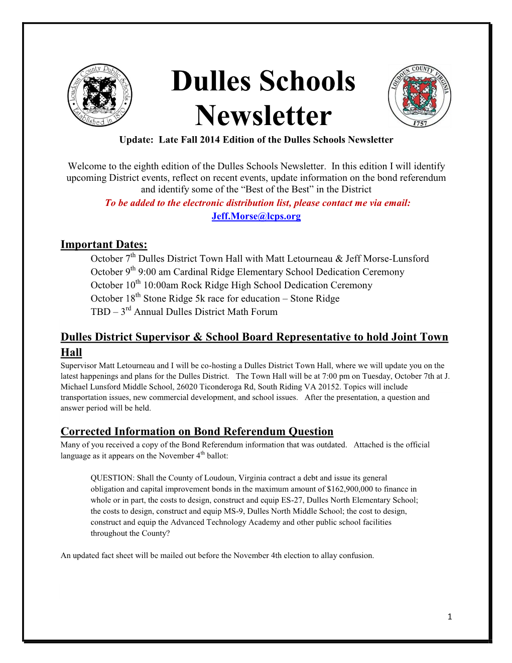Dulles Schools Newsletter Update: Late Fall 2014 Edition of the Dulles Schools Newsletter