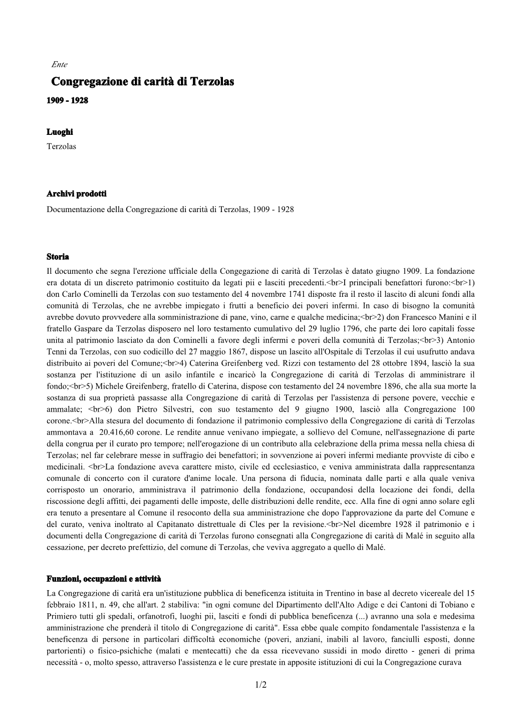 Congregazione Di Carità Di Terzolas 1909 - 1928