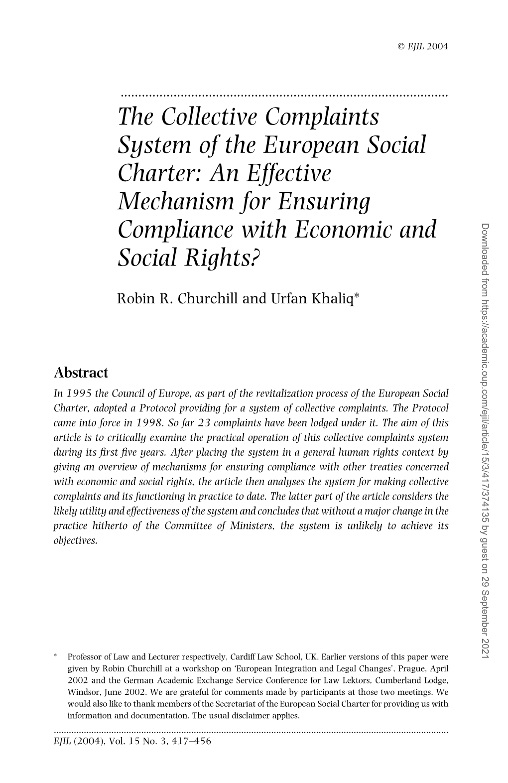 The Collective Complaints System of the European Social Charter