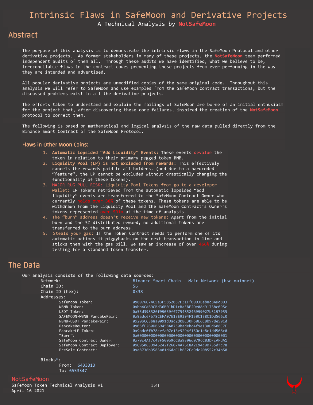 Intrinsic Flaws in Safemoon and Derivative Projects a Technical Analysis by Notsafemoon Abstract