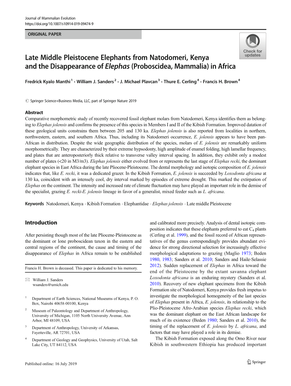 Late Middle Pleistocene Elephants from Natodomeri, Kenya and the Disappearance of Elephas (Proboscidea, Mammalia) in Africa
