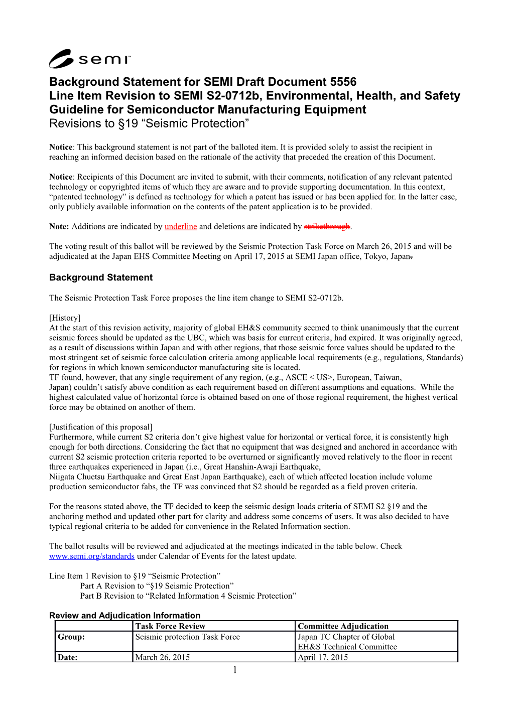 Background Statement for SEMI Draft Document 5556 Line Item Revision to SEMI S2-0712B