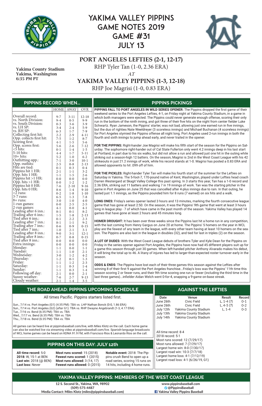 Yakima Valley Pippins Game Notes 2019 Game #31 July 13