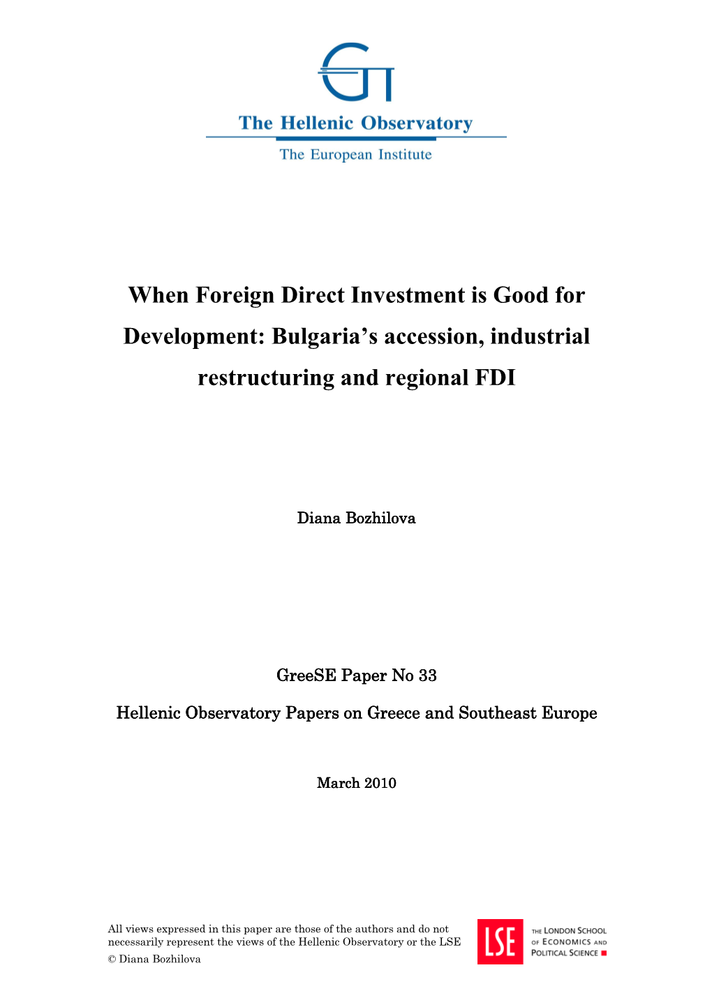 When Foreign Direct Investment Is Good for Development: Bulgaria's Accession