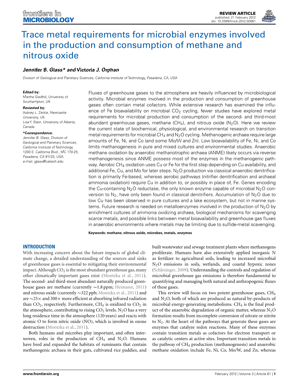 Trace Metal Requirements for Microbial Enzymes Involved in the Production and Consumption of Methane and Nitrous Oxide