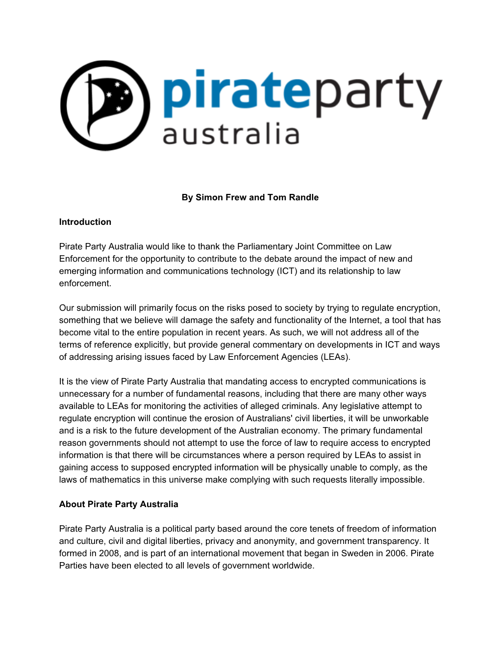 By Simon Frew and Tom Randle Introduction Pirate Party Australia