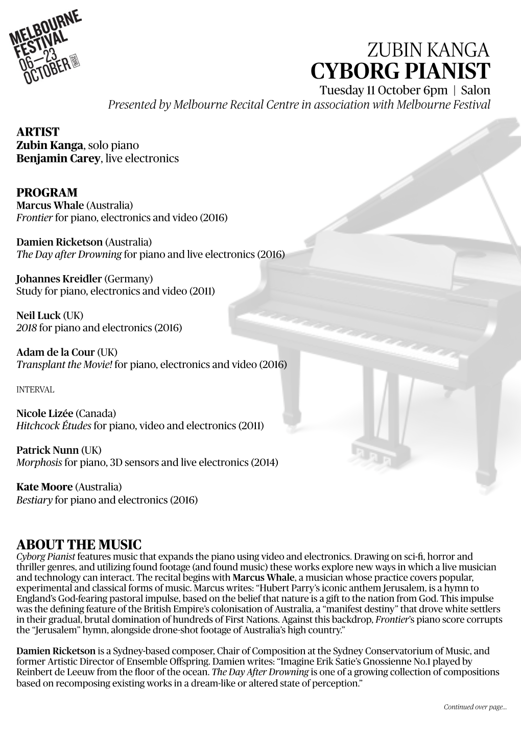 CYBORG PIANIST Tuesday 11 October 6Pm | Salon Presented by Melbourne Recital Centre in Association with Melbourne Festival