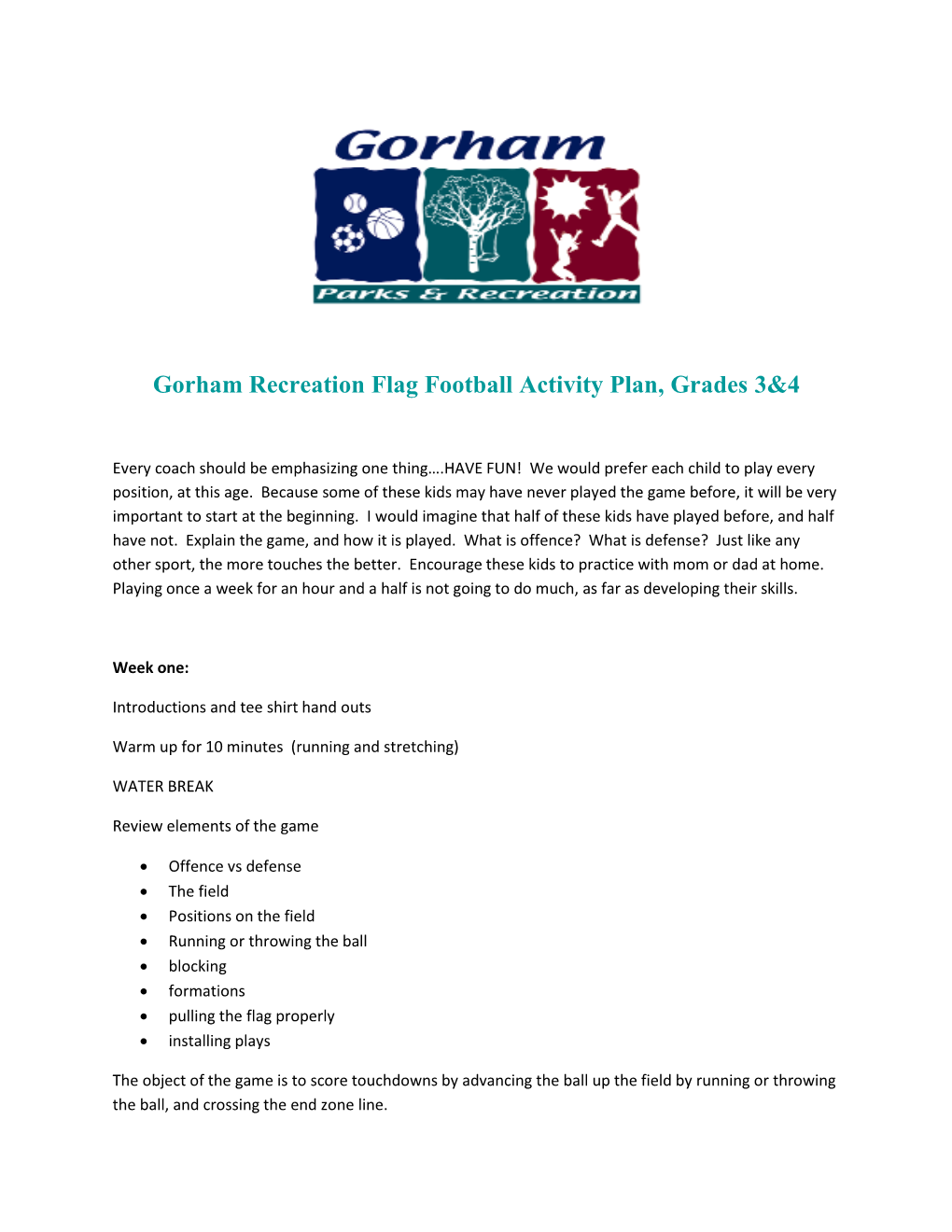 Gorham Recreation Flag Football Activity Plan, Grades 3&4