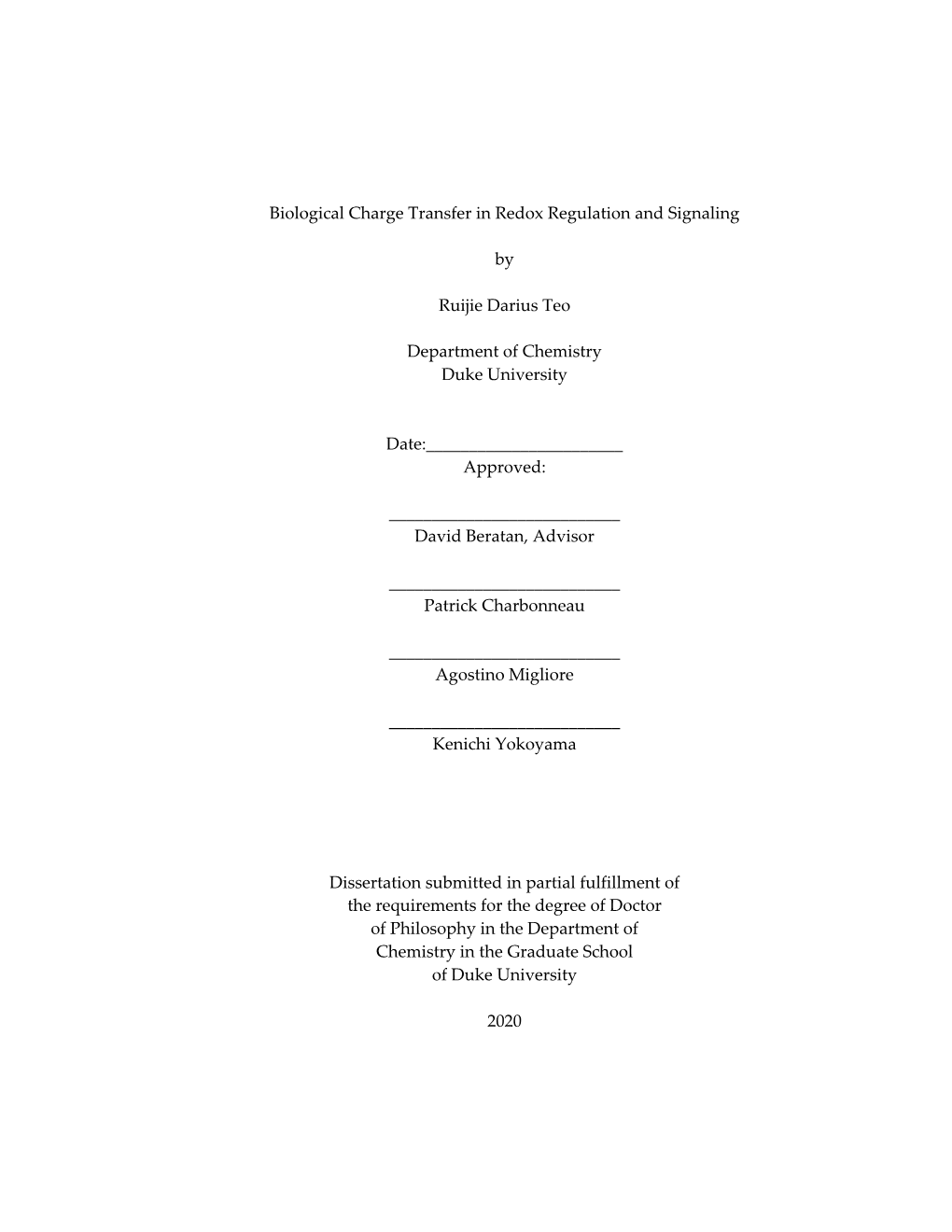 I Biological Charge Transfer in Redox Regulation and Signaling by Ruijie