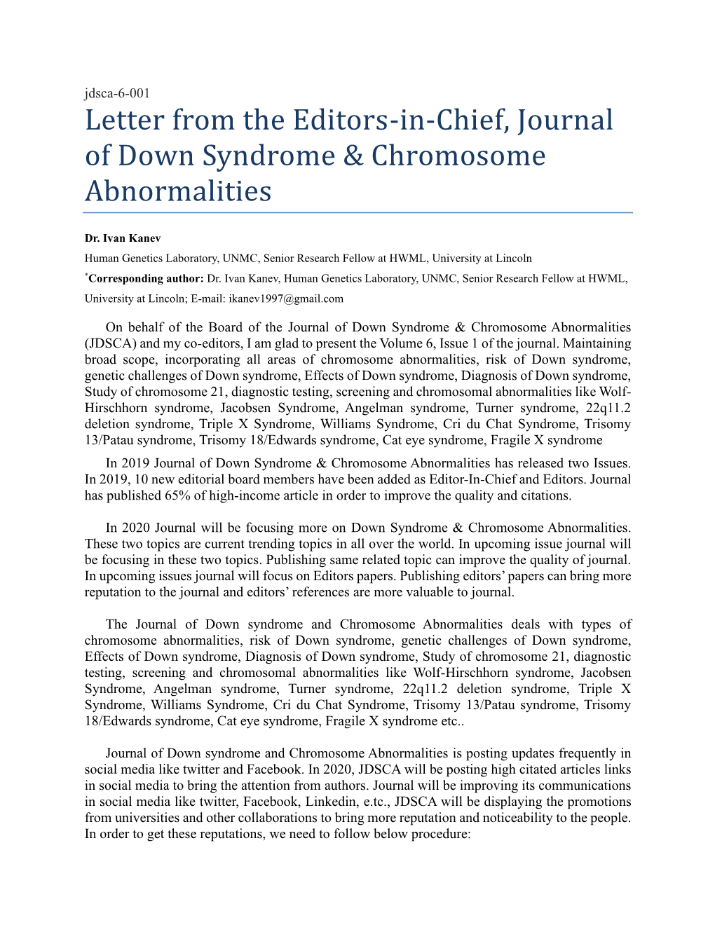 Letter from the Editors-In-Chief, Journal of Down Syndrome & Chromosome Abnormalities