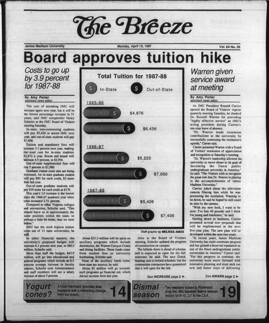 Board Approves Tuition Hike Costs to Go up Warren Given by 3.9 Percent Total Tuition for 1987-88 Service Award for 1987-88 In-State I I Out-Of-State at Meeting