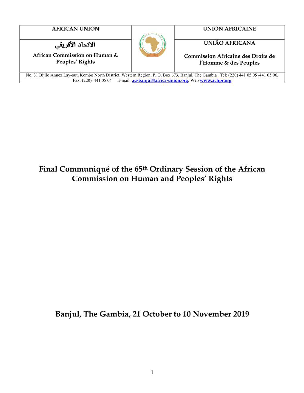 Final Communiqué of the 65Th Ordinary Session of the African Commission on Human and Peoples’ Rights