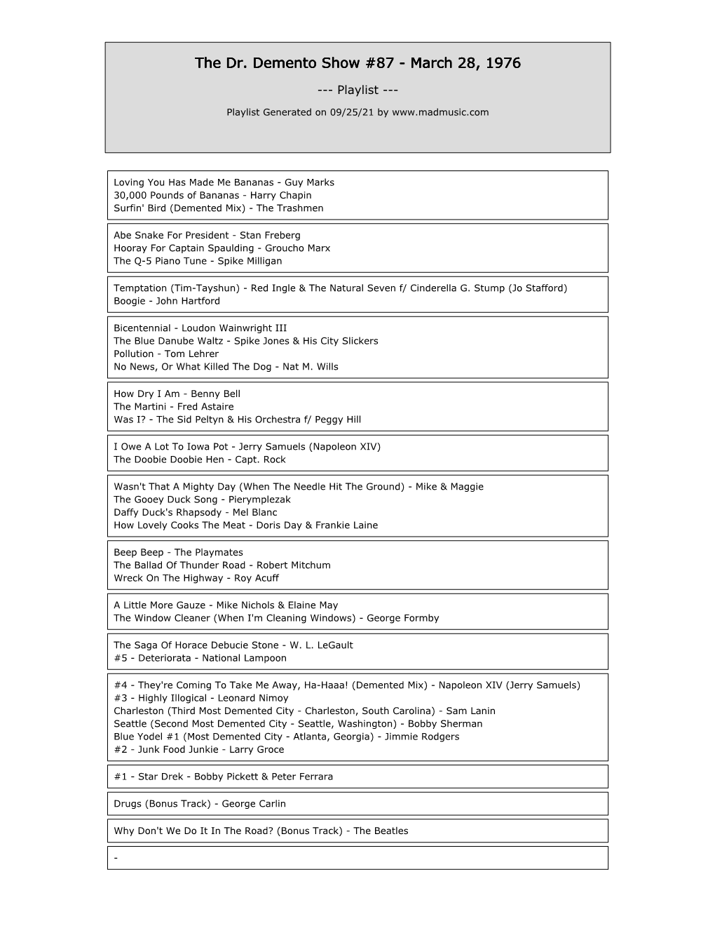 The Dr. Demento Show #87 - March 28, 1976