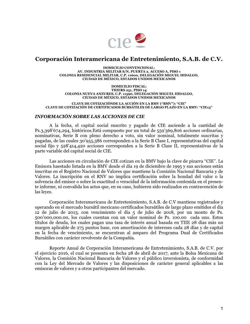 Corporación Interamericana De Entretenimiento, S.A.B. De C.V